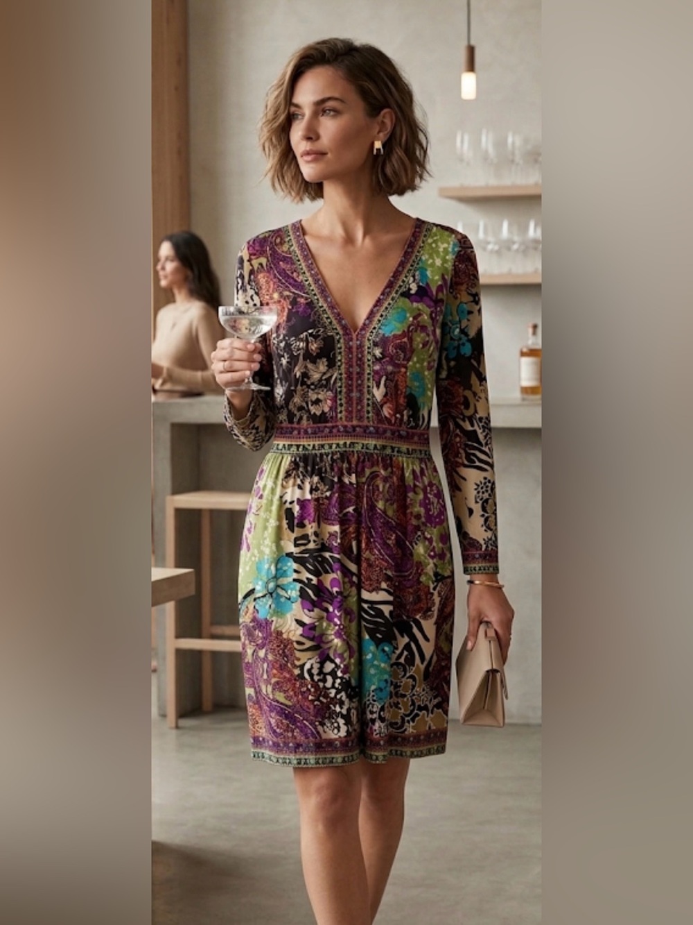 eci ny dress XL Purple green Brown Turquoise Fit&flare Long Slv stretch artsy